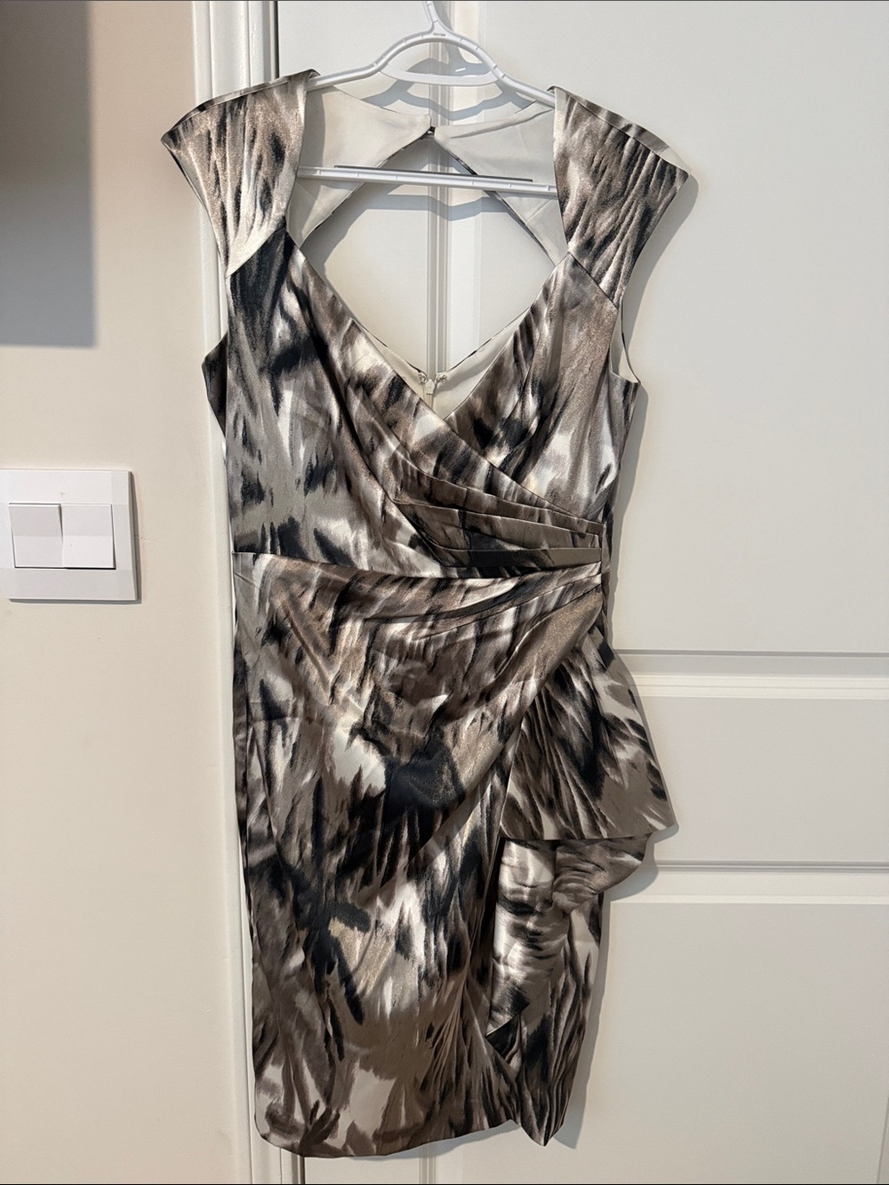 Maggy London One-Shoulder Taupe & Black Satin-Effect Draped Dress